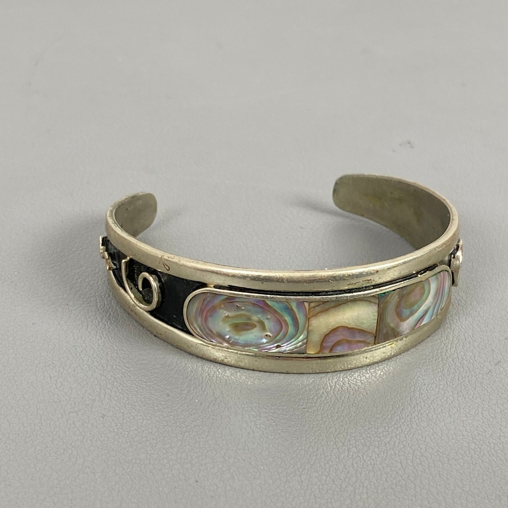 Vintage Alpaca Mexico Abalone Inlay Cuff Bracelet Silvertone Swirl Artisan Boho